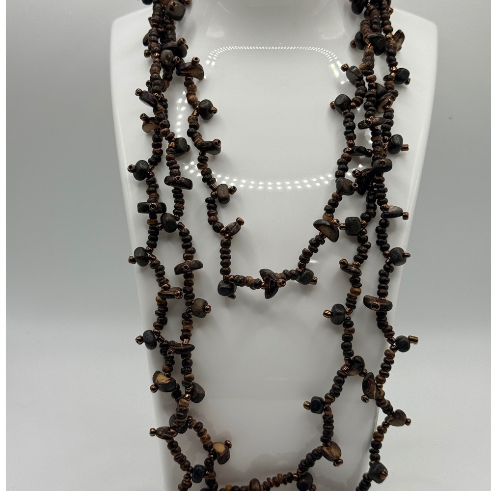 Very Long Wood Seed Nut Style Necklace Brown Boho Flapper Opera 58"
